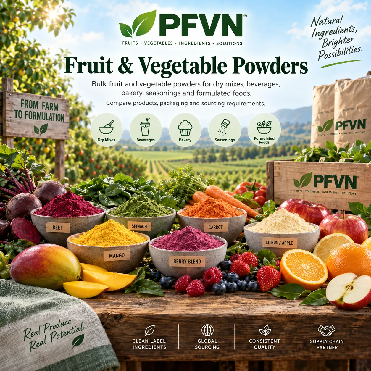 Bulk fruit and vegetable powders for industrial food and beverage manufacturing