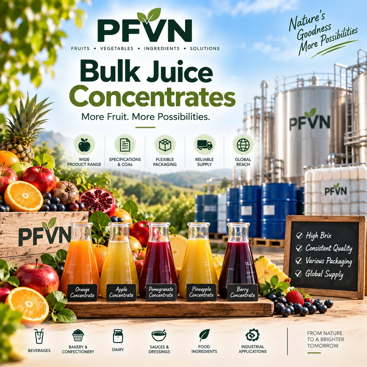 Bulk fruit and vegetable juice concentrates for industrial food and beverage manufacturing