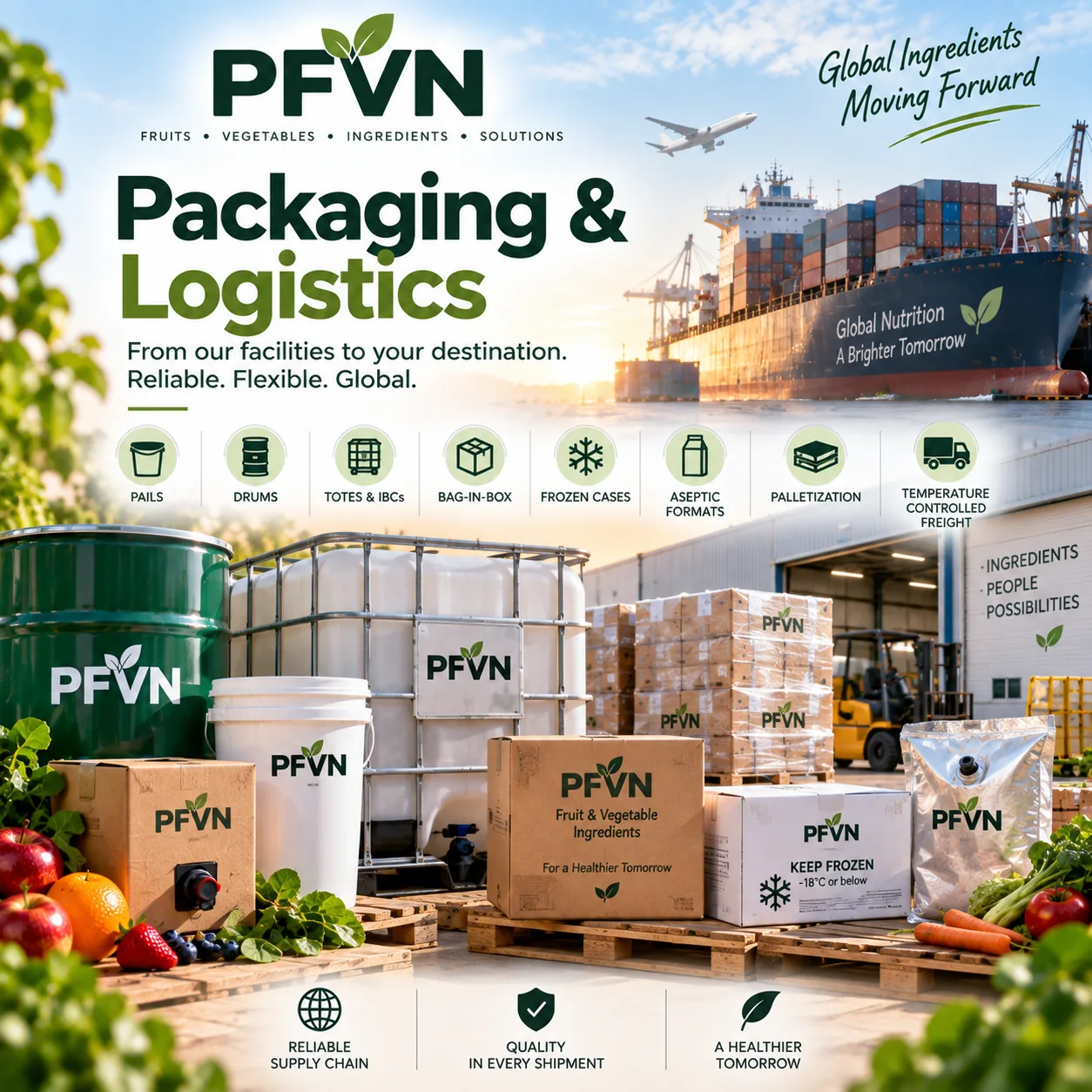 Industrial packaging and logistics for bulk fruit and vegetable ingredients