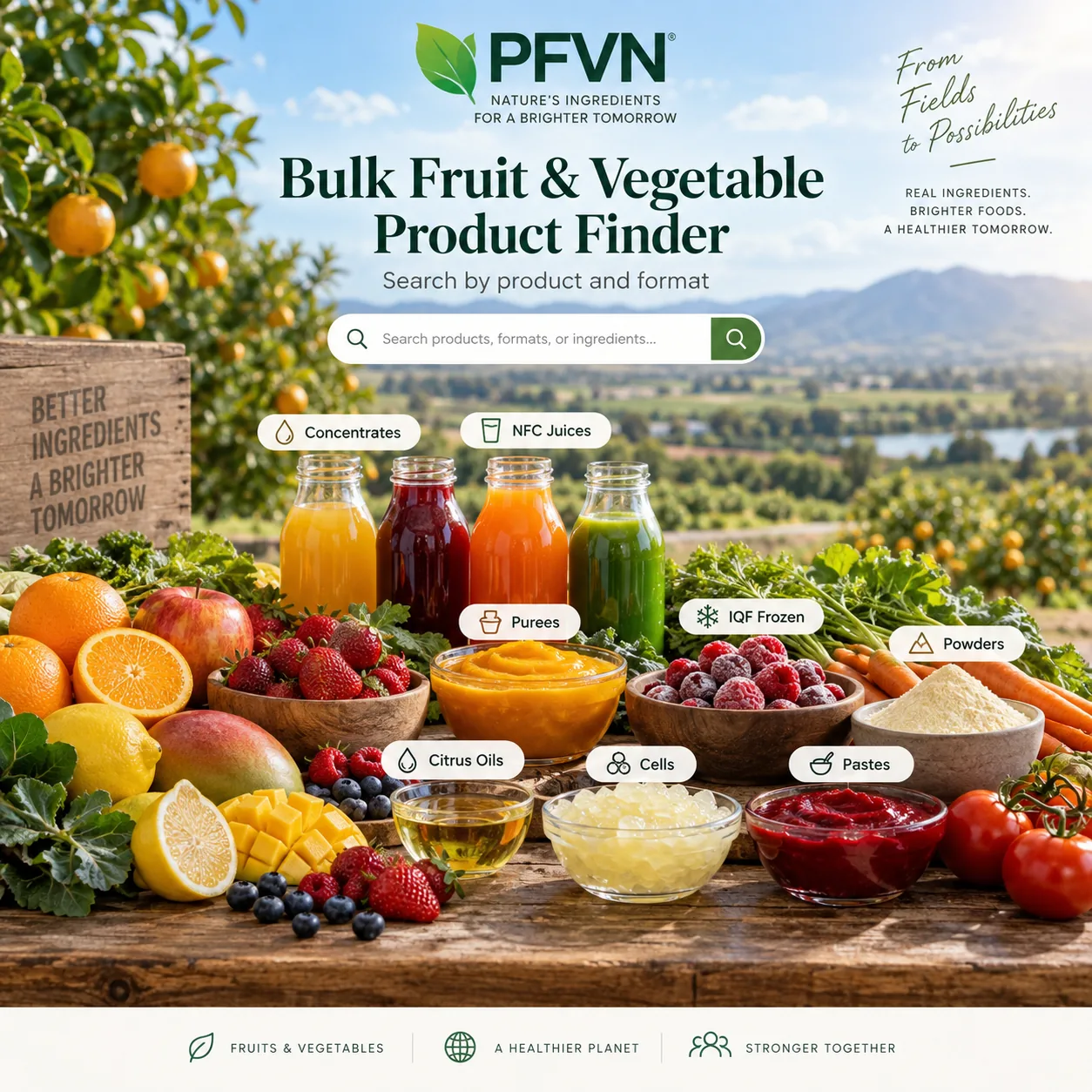 Bulk fruit and vegetable ingredients for industrial food and beverage manufacturing
