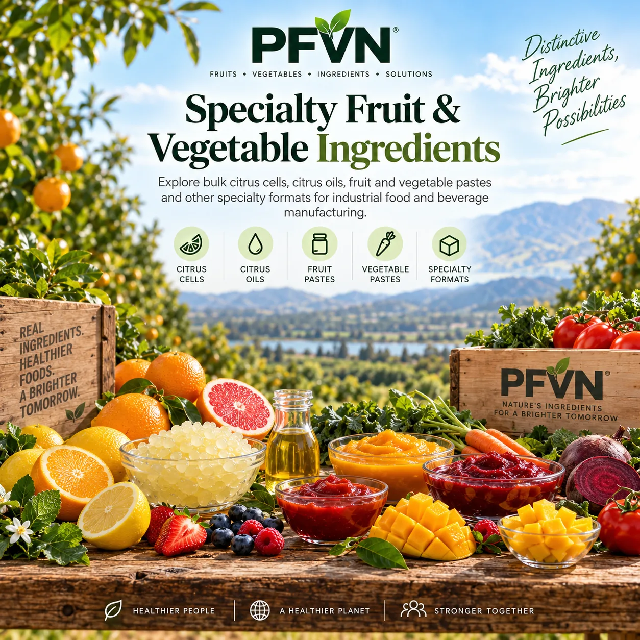 Specialty fruit and vegetable ingredients including citrus cells, oils and pastes